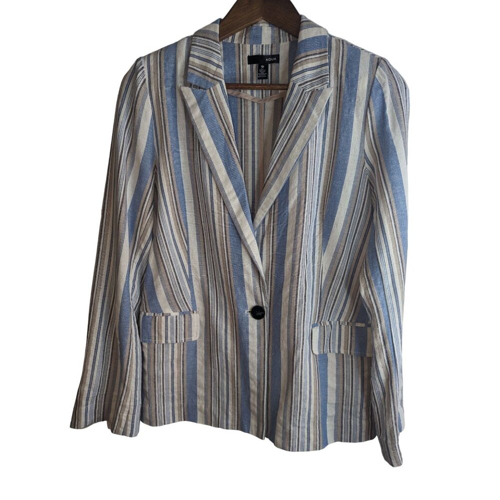 Aqua Women's Linen Blend Striped Casual Blazer Summer Sz M